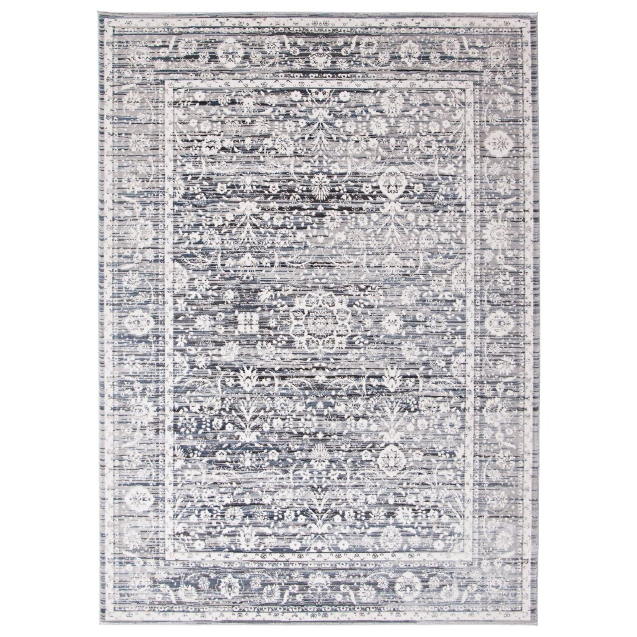 Chaudhary Living 6.5' x 9.5' Distressed Botanical Area Throw Rug - Charcoal Gray and Cream